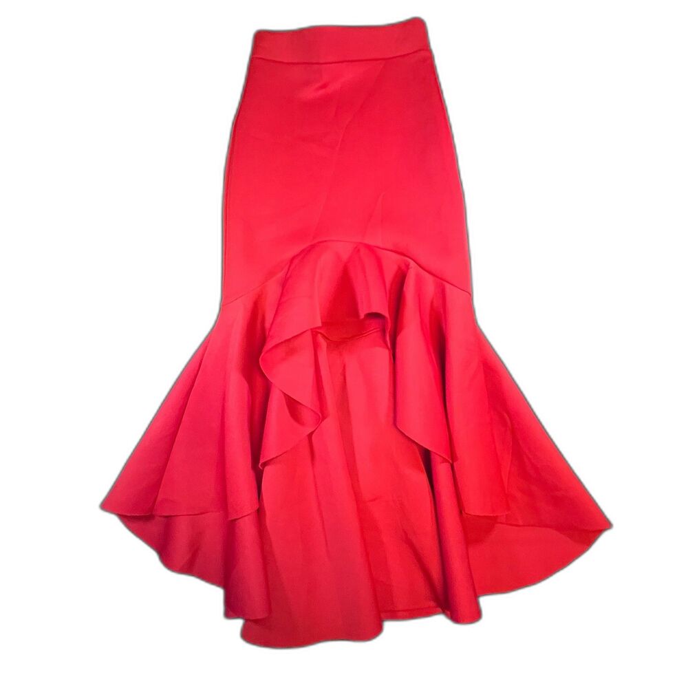 Vibrant Red High-Waisted Asymmetric Ruffle Mermaid Midi Skirt - Size XS